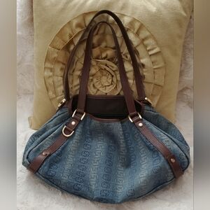 Authentic Gucci Blue Monogram Denim Shoulder Bag with Brown Leather Straps
